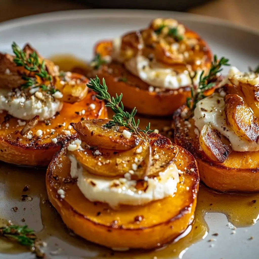 Sweet Potato Rounds mit Goat Cheese, Apple Slices & Hot Honey