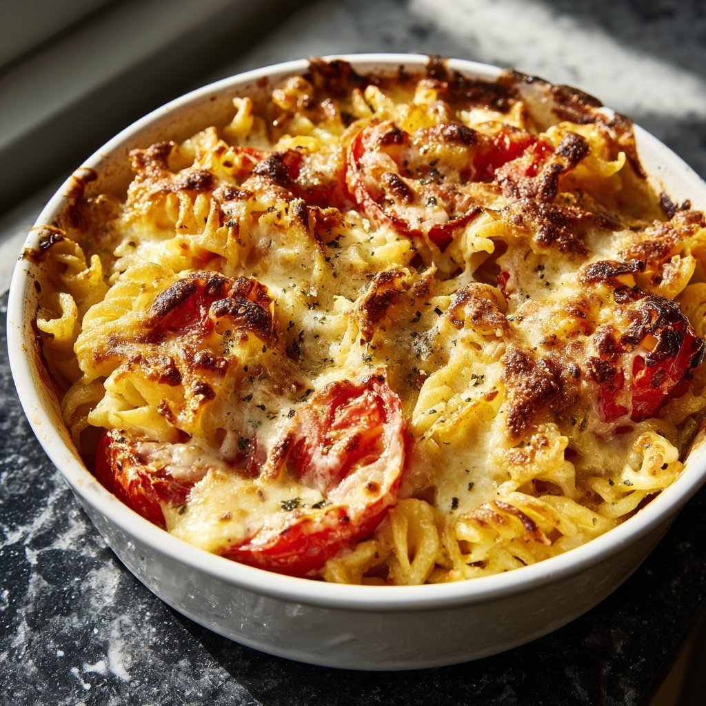 Nudelauflauf mit Tomaten und Mozzarella