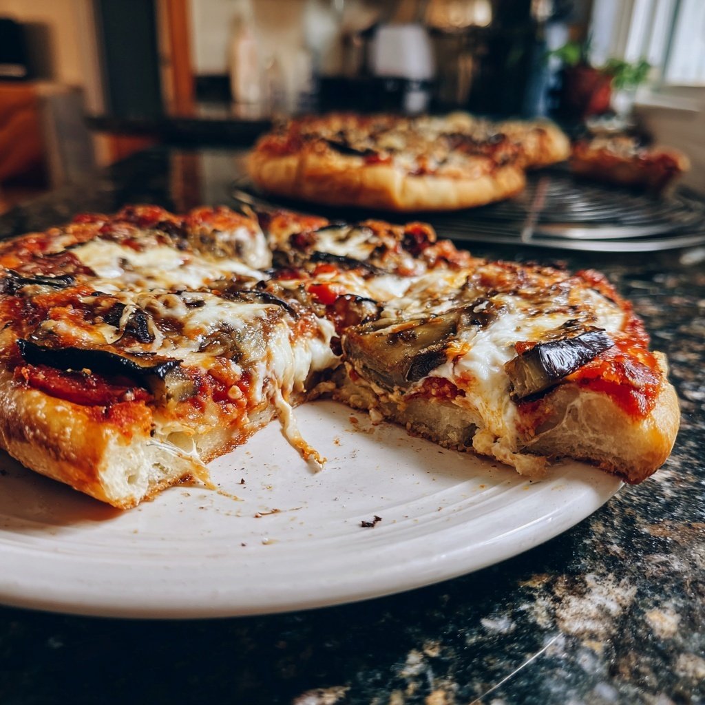 Pizza mit Aubergine und Mozzarella
